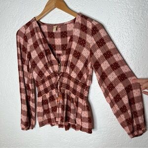 ANTHROPOLOGIE Pilcro Plaid Embroidered Peplum Top XS